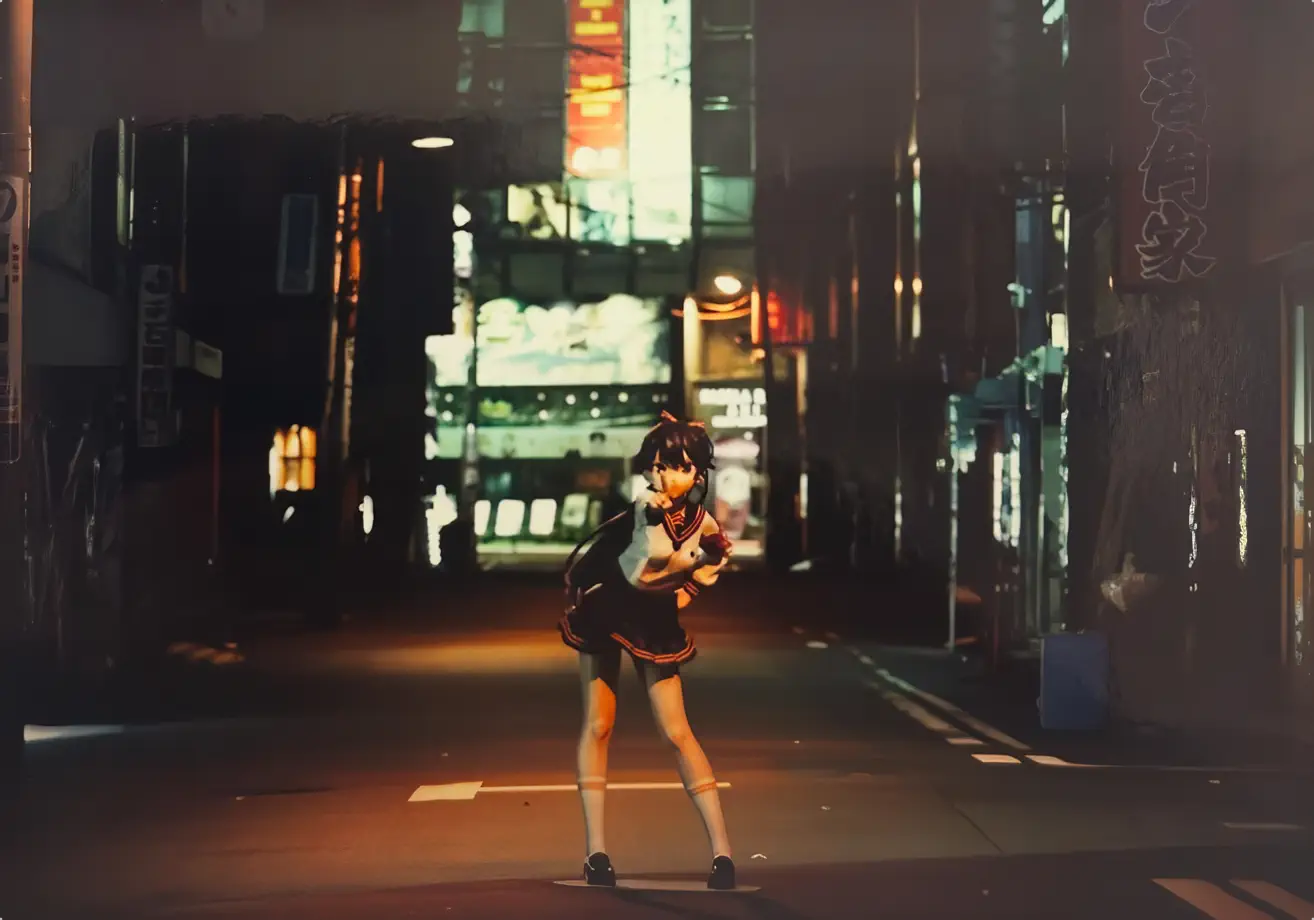 夜の秋葉原の街並みで1/1等身大フィギュア「在波うゆ」を撮影したポートレート「ナイトアウル＆ウユ」プロモーション用大スケール造形事例。