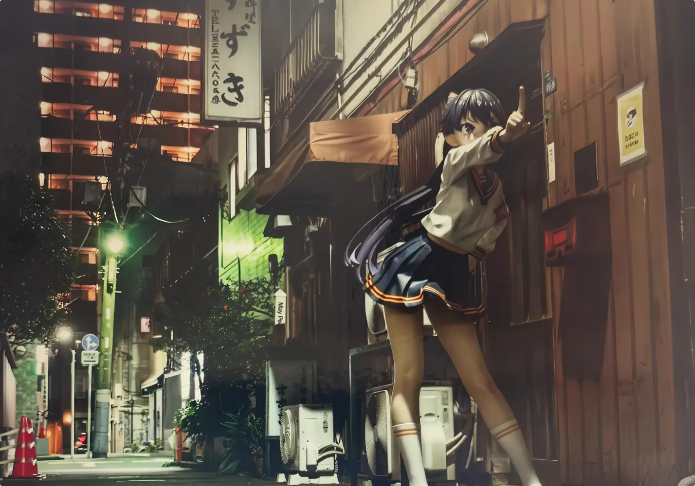 夜の秋葉原の街並みで1/1等身大フィギュア「在波うゆ」を撮影したポートレート「ナイトアウル＆ウユ」プロモーション用大スケール造形事例。