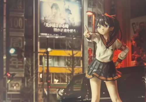 夜の秋葉原の街並みで1/1等身大フィギュア「在波うゆ」を撮影したポートレート「ナイトアウル＆ウユ」プロモーション用大スケール造形事例。