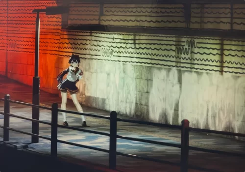 夜の秋葉原の街並みで1/1等身大フィギュア「在波うゆ」を撮影したポートレート「ナイトアウル＆ウユ」プロモーション用大スケール造形事例。